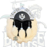 Men’s White Rabbit Fur Sporran – Handmade Scottish Leather Kilt Sporran with 3 Tassels – Battle of Kilts